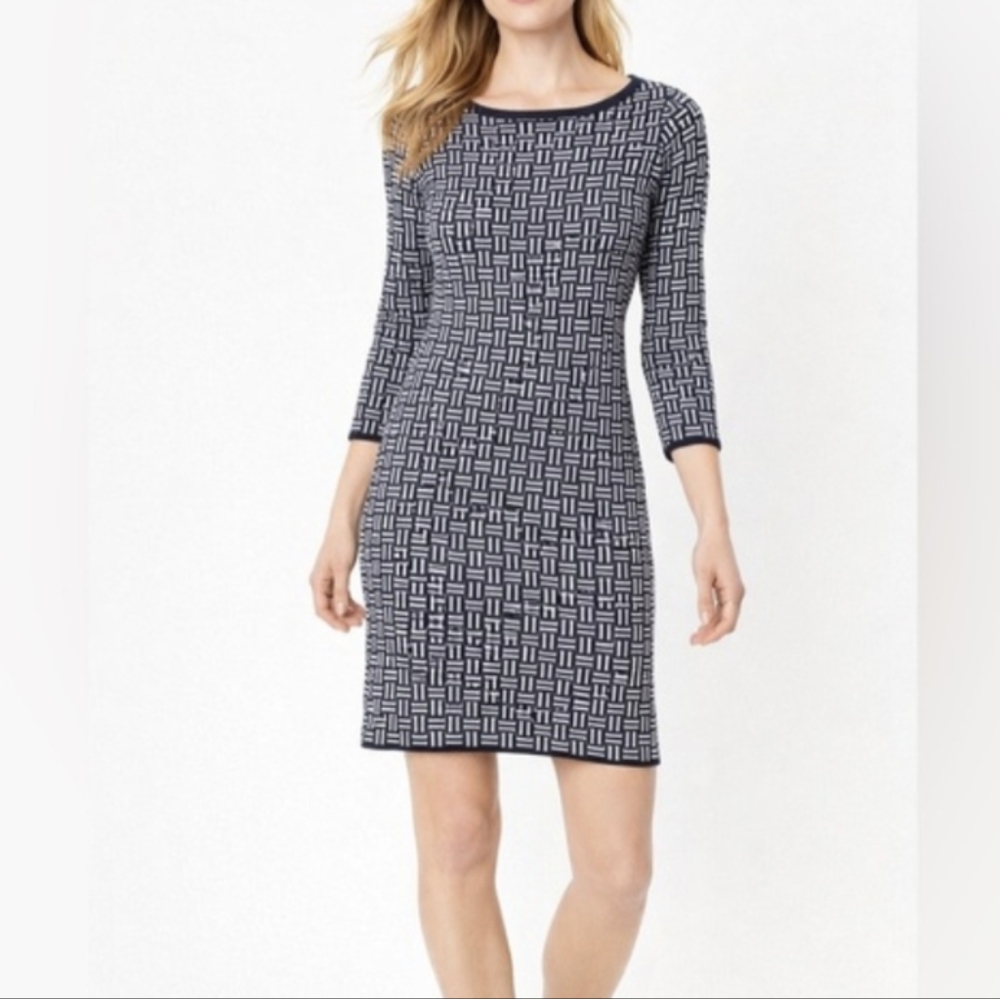 Boden Knit Sweater Dress Geometric Pattern Light Pink and Navy Size 10P
